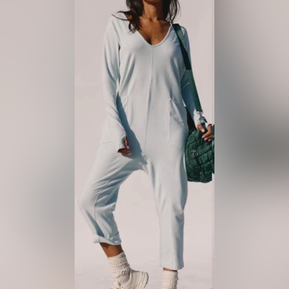 Free People Hot Shot Long Sleeve Light Blue Jumpsuit